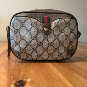 GUCCI Vintage Sherry Line GG Web PVC Canvas Browns Crossbody Shoulder Bag